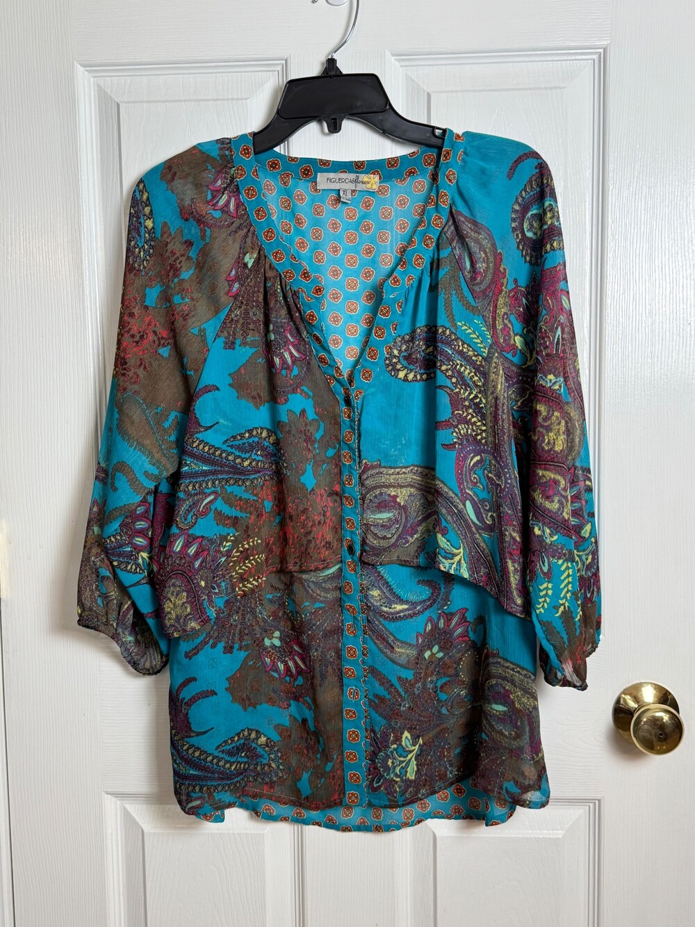 FIGUEROA & flower XL Paisley Sheer Button Front Blouse 3/4 Sleeve